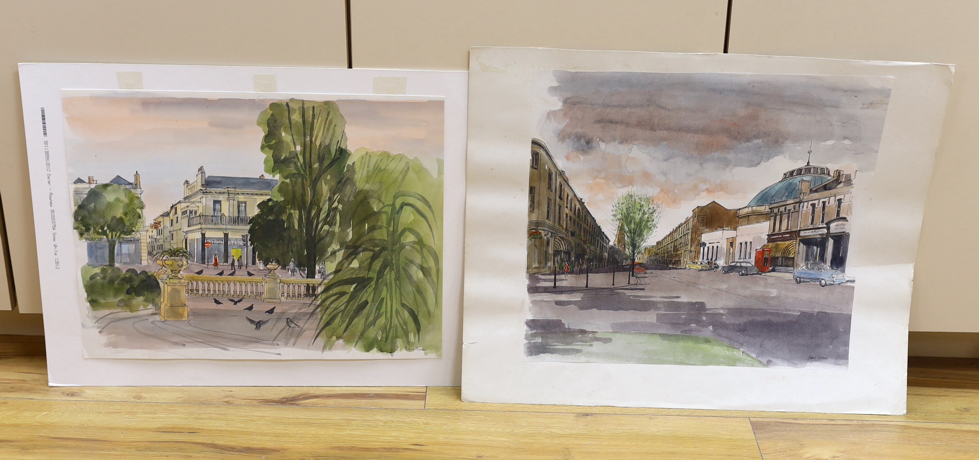 Robert Tavener (1920-2004) two ink and watercolours, Cheltenham street scenes, signed, largest 47 x 43cm